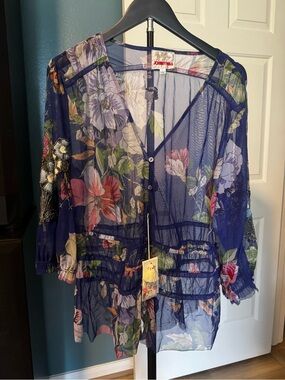 Johnny Was Sheer Navy Floral Button-Front Blouse